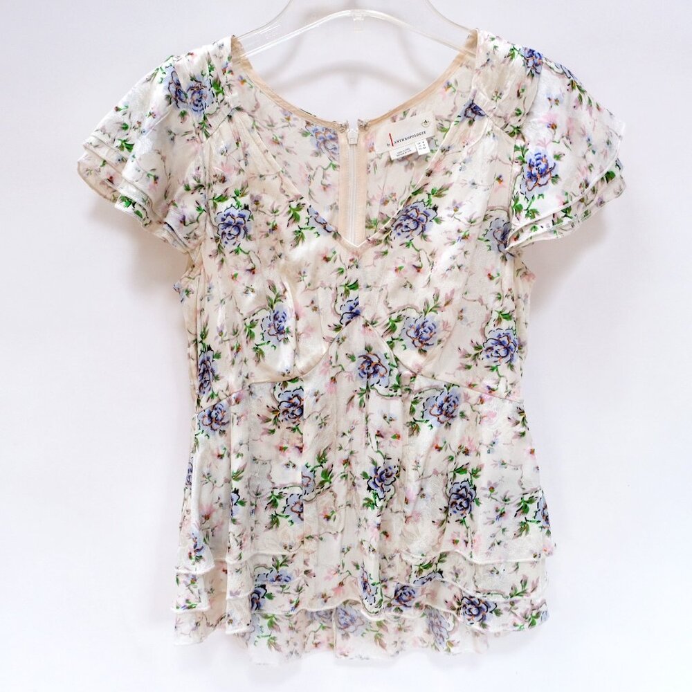 Anthropologie Floral Print Peplum Blouse Size 0 XS V-neck